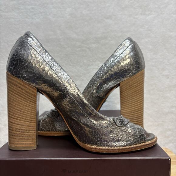 Mulberry Bayswater Peep Toe Cracked Metallic Silver Block Heel Pump EU Size 38.5 - Picture 6 of 16